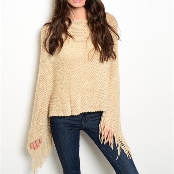 Sweaters - Beige Soft Fringe Poncho Caplet One Size